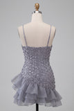 Bodycon Dusty Lavender Floral Spaghetti Straps Short Homecoming Dress with Ruffles