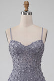 Bodycon Dusty Lavender Floral Spaghetti Straps Short Homecoming Dress with Ruffles