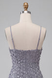 Bodycon Dusty Lavender Floral Spaghetti Straps Short Homecoming Dress with Ruffles