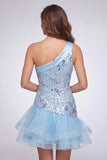 Sky Blue One Shoulder Floral Sequins Short Homecoming Dress with Ruffles