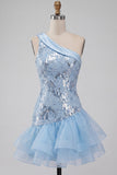 Sky Blue One Shoulder Floral Sequins Short Homecoming Dress with Ruffles