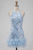Halter Neck Sky Blue Floral Ruffled Bodycon Short Homecoming Dress with Sequins