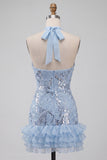 Halter Neck Sky Blue Floral Ruffled Bodycon Short Homecoming Dress with Sequins