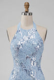 Halter Neck Sky Blue Floral Ruffled Bodycon Short Homecoming Dress with Sequins