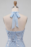 Halter Neck Sky Blue Floral Ruffled Bodycon Short Homecoming Dress with Sequins