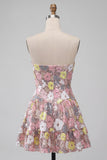 Sparkly Pink Sweetheart A-Line Tiered Floral Short Homecoming Dress with Sequins