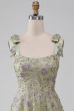 Dusty Sage A-Line Floral Thick Straps Short Homecoming Dress with Beading