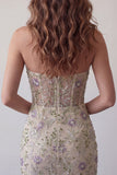 Sweetheart Dusty Sage Bodycon Floral Sheer Corset Short Homecoming Dress with Beading