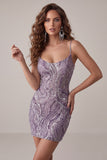 Lilac Bodycon Spaghetti Straps Short Homecoming Dress with Sequins