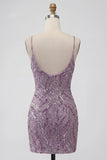 Lilac Bodycon Spaghetti Straps Short Homecoming Dress with Sequins
