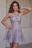 Lilac Halter Neck A-Line Short Homecoming Dress with Beading