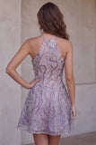 Lilac Halter Neck A-Line Short Homecoming Dress with Beading