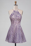 Lilac Halter Neck A-Line Short Homecoming Dress with Beading