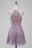 Lilac Halter Neck A-Line Short Homecoming Dress with Beading
