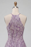 Lilac Halter Neck A-Line Short Homecoming Dress with Beading