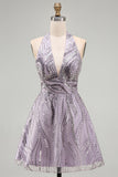 Sparkly A-Line Lilac Halter Neck Backless Short Homecoming Dress with Sequins