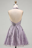 Sparkly A-Line Lilac Halter Neck Backless Short Homecoming Dress with Sequins