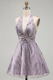 Sparkly A-Line Lilac Halter Neck Backless Short Homecoming Dress with Sequins