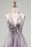 Sparkly A-Line Lilac Halter Neck Backless Short Homecoming Dress with Sequins