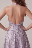 A-Line Lilac Halter Neck Backless Short Homecoming Dress with Sequins