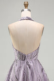 Sparkly A-Line Lilac Halter Neck Backless Short Homecoming Dress with Sequins