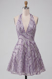 A-Line Lilac Halter Neck Backless Short Homecoming Dress with Sequins