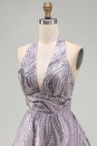 Sparkly A-Line Lilac Halter Neck Backless Short Homecoming Dress with Sequins