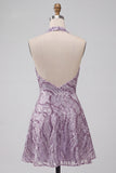 A-Line Lilac Halter Neck Backless Short Homecoming Dress with Sequins
