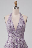 A-Line Lilac Halter Neck Backless Short Homecoming Dress with Sequins
