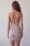 Fog Halter Neck Bodycon Pearl Floral Short Homecoming Dress with Beading