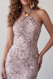 Fog Halter Neck Bodycon Pearl Floral Short Homecoming Dress with Beading