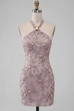 Fog Halter Neck Bodycon Pearl Floral Short Homecoming Dress with Beading
