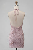 Fog Halter Neck Bodycon Pearl Floral Short Homecoming Dress with Beading