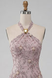 Fog Halter Neck Bodycon Pearl Floral Short Homecoming Dress with Beading