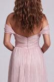 Light Pink Ruched Mermaid Off The Shoulder Formal Dress with Ruffles