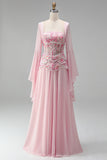 Light Pink Embroidery Corset A-Line Peplum Chiffon Long Prom Dress with Long Bell Sleeves
