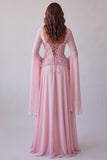 Light Pink Flare Sleeves Corset A-Line Sequin Long Formal Dress