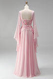 Light Pink Embroidery Corset A-Line Peplum Chiffon Long Prom Dress with Long Bell Sleeves