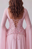 Light Pink Flare Sleeves Corset A-Line Sequin Long Formal Dress