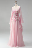 Light Pink Embroidery Corset A-Line Peplum Chiffon Long Prom Dress with Long Bell Sleeves