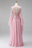 Light Pink Flare Sleeves Corset A-Line Sequin Long Formal Dress