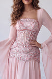 Light Pink Flare Sleeves Corset A-Line Sequin Long Formal Dress