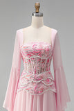 Light Pink Embroidery Corset A-Line Peplum Chiffon Long Prom Dress with Long Bell Sleeves