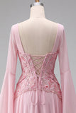 Light Pink Flare Sleeves Corset A-Line Sequin Long Formal Dress