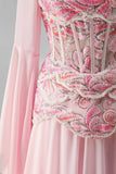 Light Pink Embroidery Corset A-Line Peplum Chiffon Long Prom Dress with Long Bell Sleeves