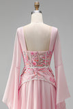 Light Pink Embroidery Corset A-Line Peplum Chiffon Long Prom Dress with Long Bell Sleeves
