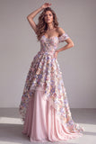 Pink 3D Floral Appliques A-Line Off The Shoulder Corset Long Formal Dress