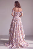Pink 3D Floral Appliques A-Line Off The Shoulder Corset Long Formal Dress