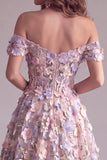 Pink 3D Floral Appliques A-Line Off The Shoulder Corset Long Formal Dress