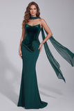 Dark Green Mermaid Beaded Strapless Corset Formal Dress with Neck Scarf